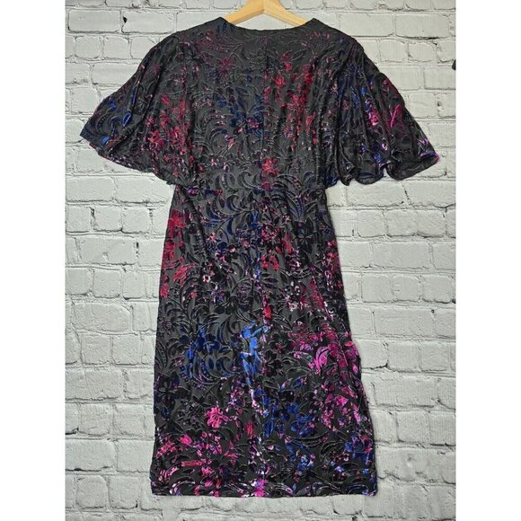 Vicky Tiel Velvet Black Blue Pink Short Sleeve Wrap Effect Dress Size L - Picture 7 of 11